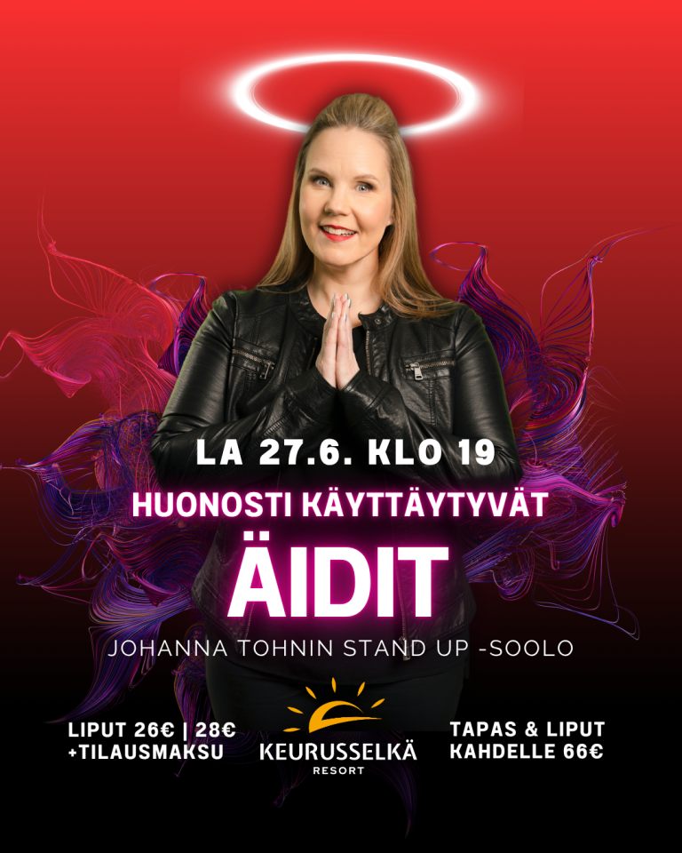 punaisella taustalla koomikko hymyiilee ilkikurisesti sädekehä pään päällä